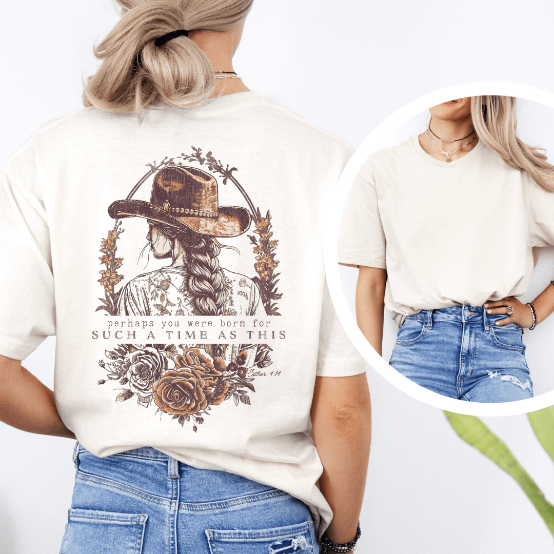 Christian t-shirt featuring a Western girl with a braid and cowboy hat surrounded by roses and Esther 4:14 text.