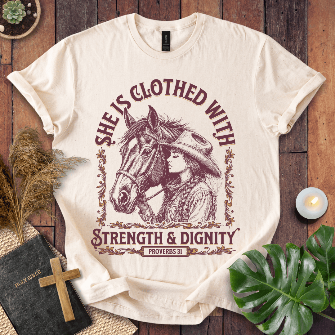 Cowgirl Christian shirt with Scripture design – Strength and Dignity tee