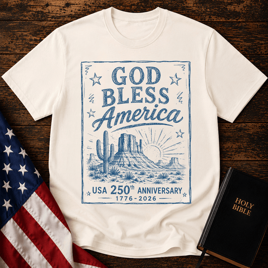 graphic tee reading God Bless America USA 250th Anniversary 1776-2026 with a western desert sketch design.