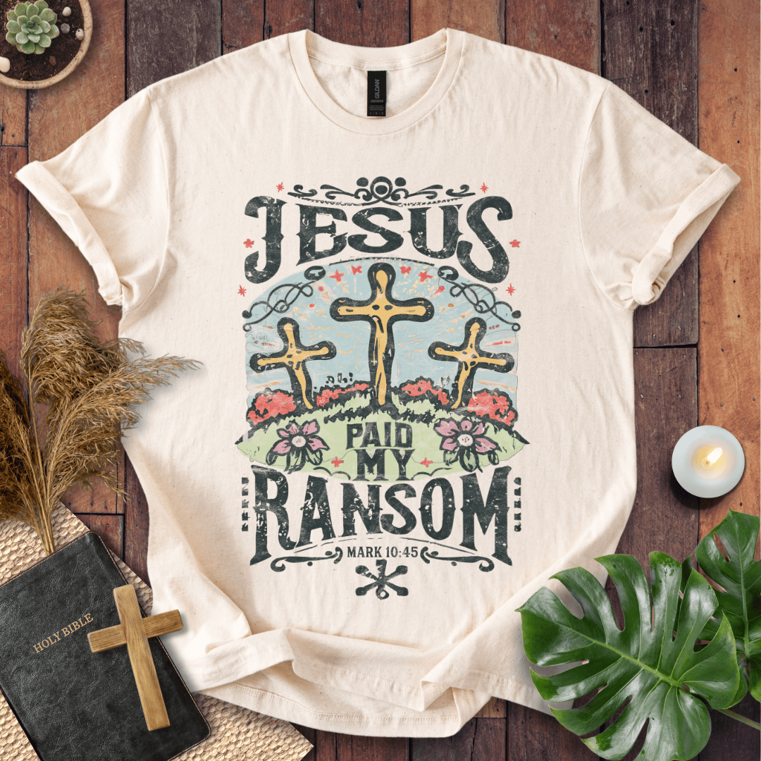 Easter Christian t shirts for women featuring three crosses and Mark 10:45 scripture with vintage floral details.