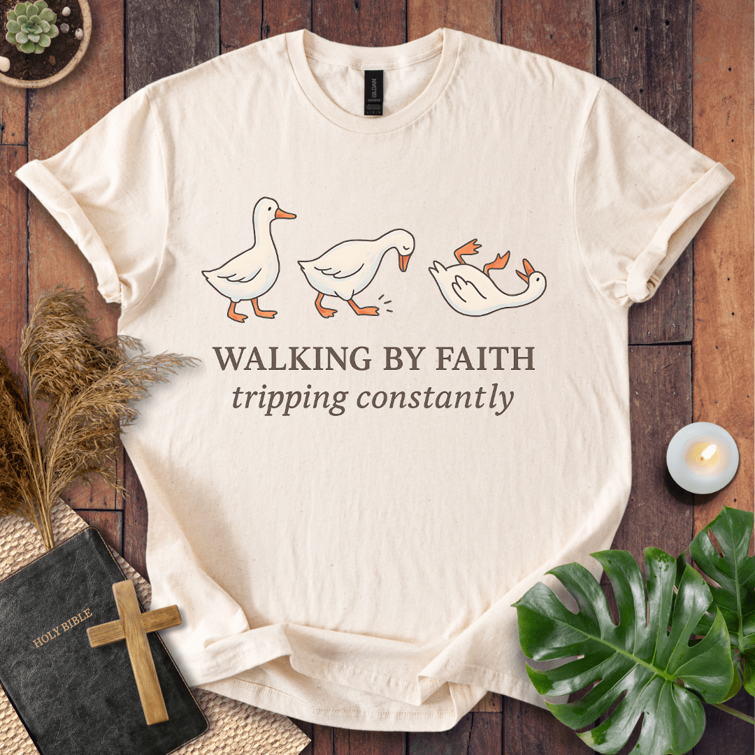 “Funny Christian t-shirt with duck graphic – Walking By Faith Tripping Constantly design”