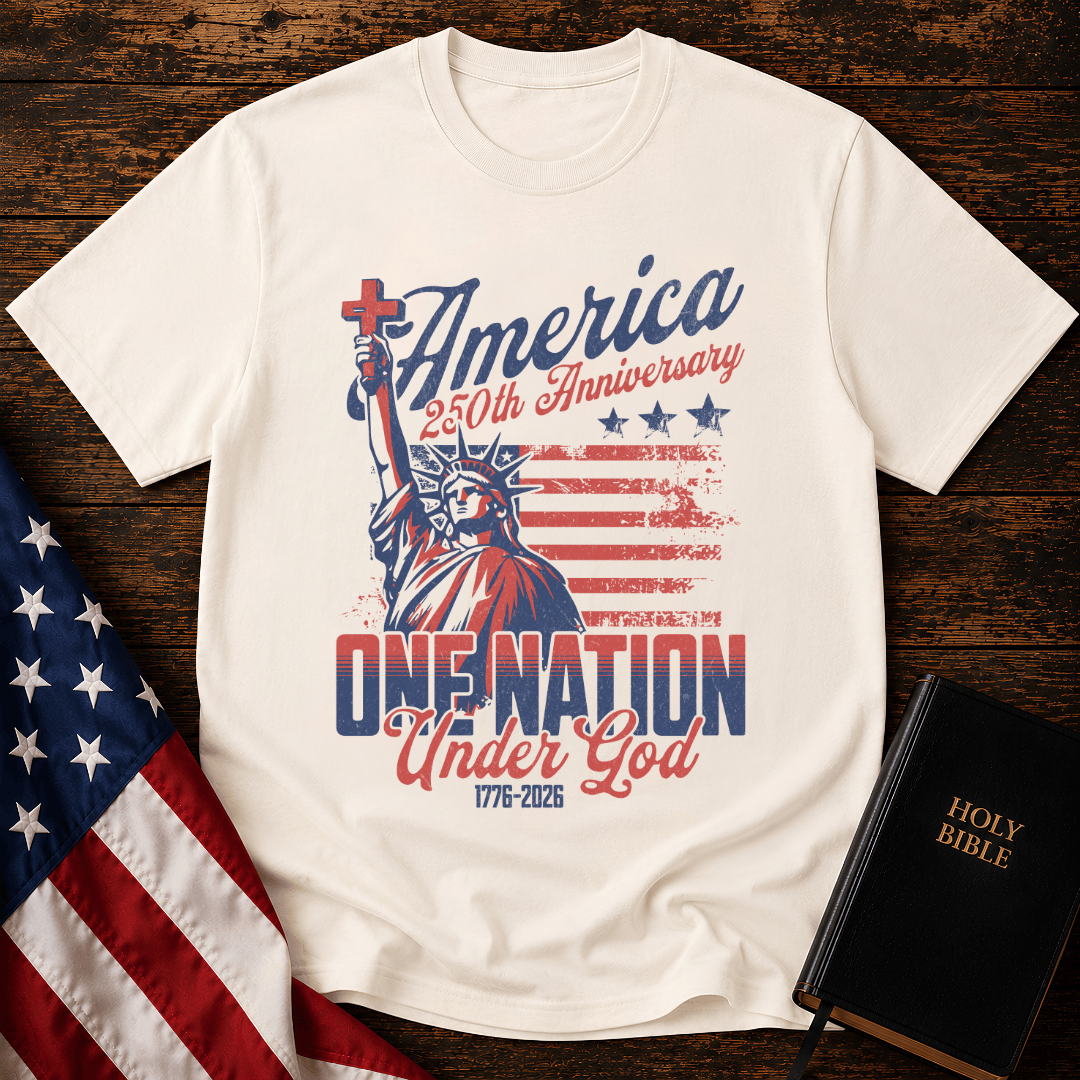 Patriotic Christian t shirts featuring the Statue of Liberty holding a cross with the American flag.
