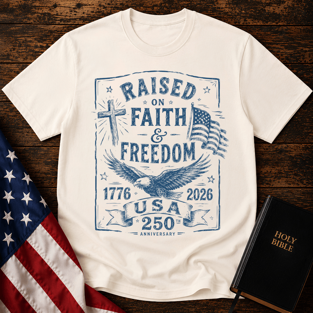 Patriotic Christian t shirts for women with a blue sketch of a cross, eagle, American flag, and 1776-2026.
