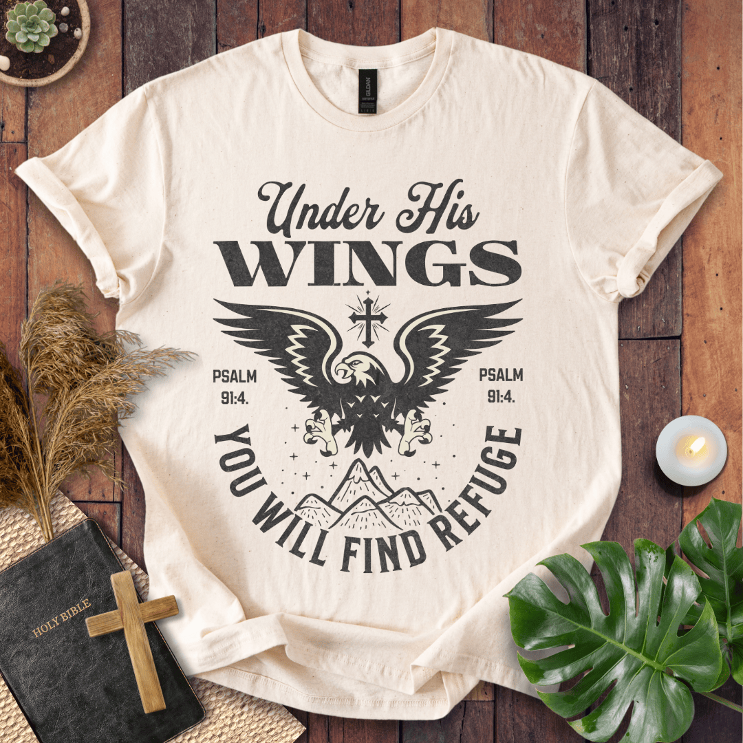 t-shirt with a vintage eagle, mountains, and Psalm 91:4 scripture text "Under His Wings You Will Find Refuge."