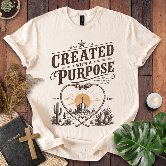 Christian Western t-shirt displaying "Created with a Purpose Ephesians 2:10" with a cross on a desert mesa inside a rope heart.