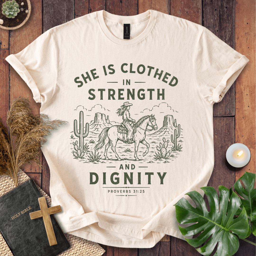 Proverbs 31 bible verse tees featuring a vintage sage green design of a cowgirl riding a horse in a desert landscape.