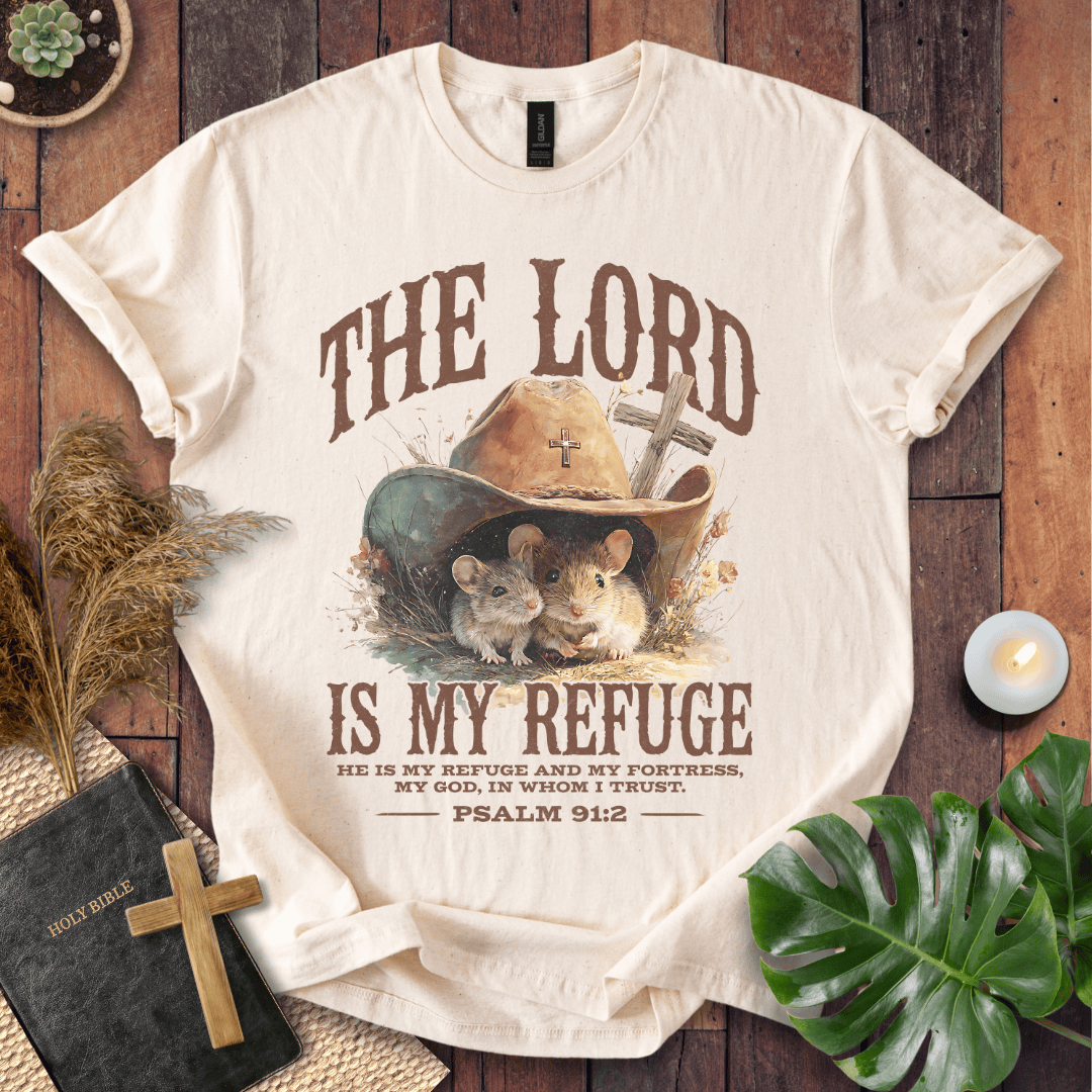 Two mice under a cowboy hat with a cross on a t-shirt. Psalm 91:2 text. Rustic Western Christian shirts for women.