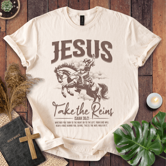 Vintage cowgirl on a horse graphic tee with Isaiah 30:21 bible verse on a shirt for western Christian style.