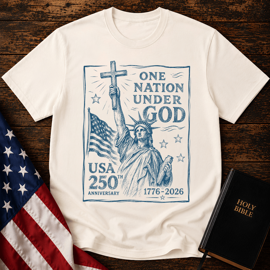 Statue of Liberty holding a cross on a patriotic Christian t shirt next to an American flag and Holy Bible.