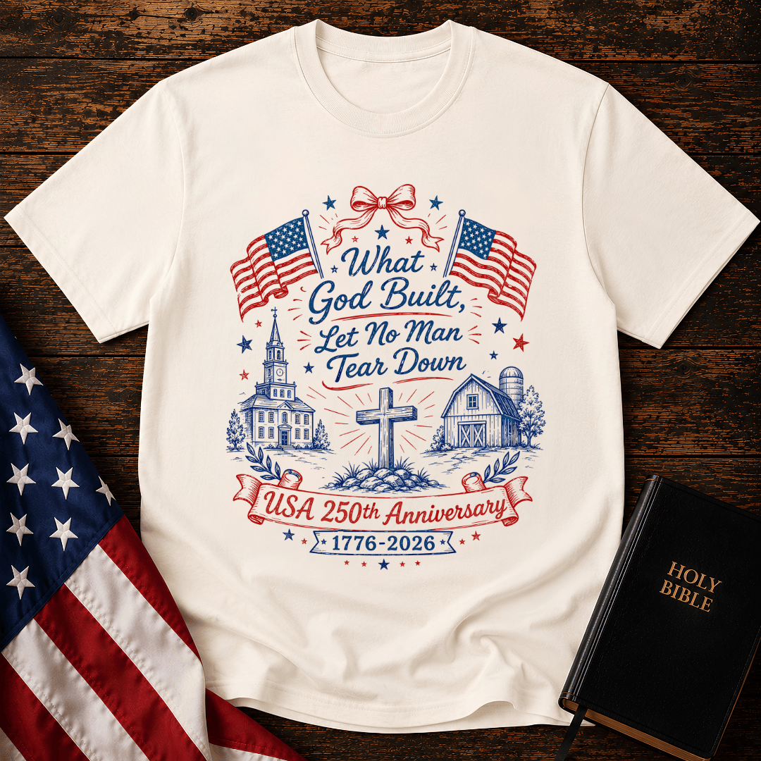 Patriotic Christian t shirt with American flags, a cross, a historic church, and text reading What God Built Let No Man Tear Down.
