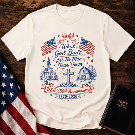 Patriotic Christian t shirt with American flags, a cross, a historic church, and text reading What God Built Let No Man Tear Down.