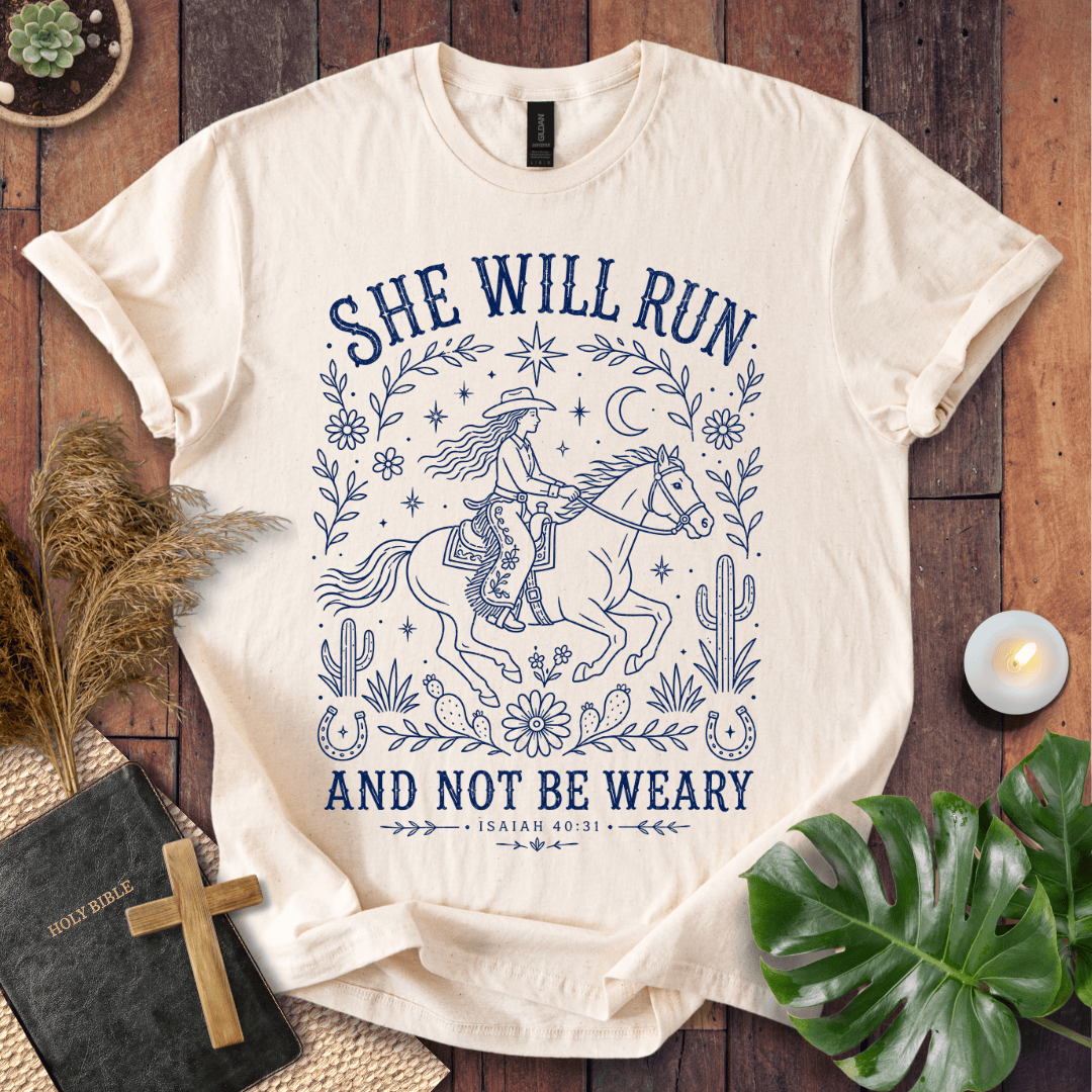 Isaiah 40:31 She Will Run scripture quote on a shirt featuring a navy line art cowgirl riding a horse.