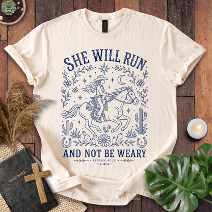 Isaiah 40:31 She Will Run scripture quote on a shirt featuring a navy line art cowgirl riding a horse.