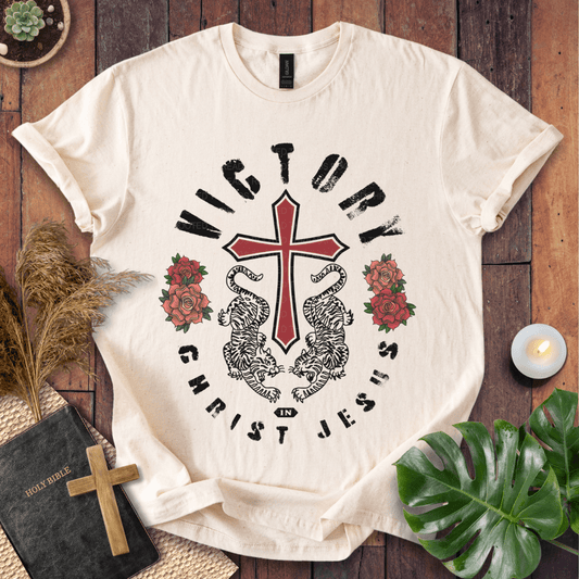Victory in Christ Jesus Christian t-shirt in natural—red cross with twin tigers and roses graphic.