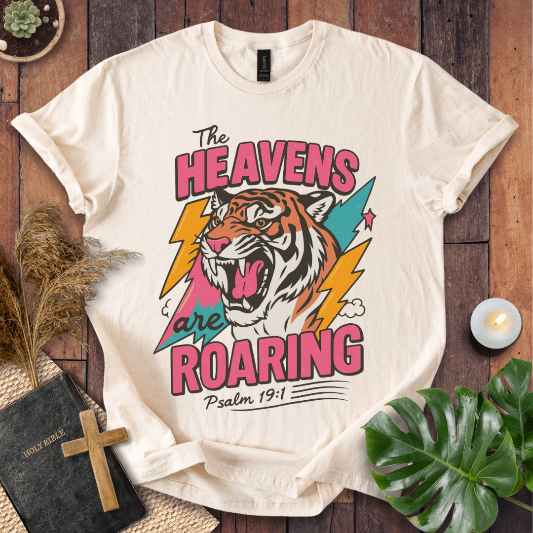 The Heavens Are Roaring Psalm 19:1 retro tiger and lightning Christian t-shirt; bold worship shirt.