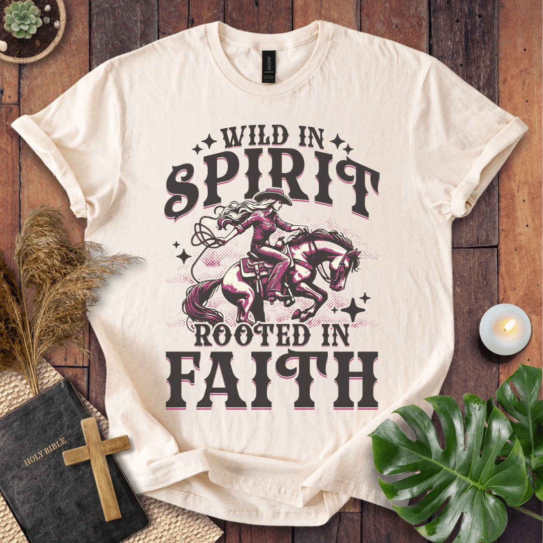 Wild in Spirit Rooted in Faith Christian t-shirt for women with cowgirl design