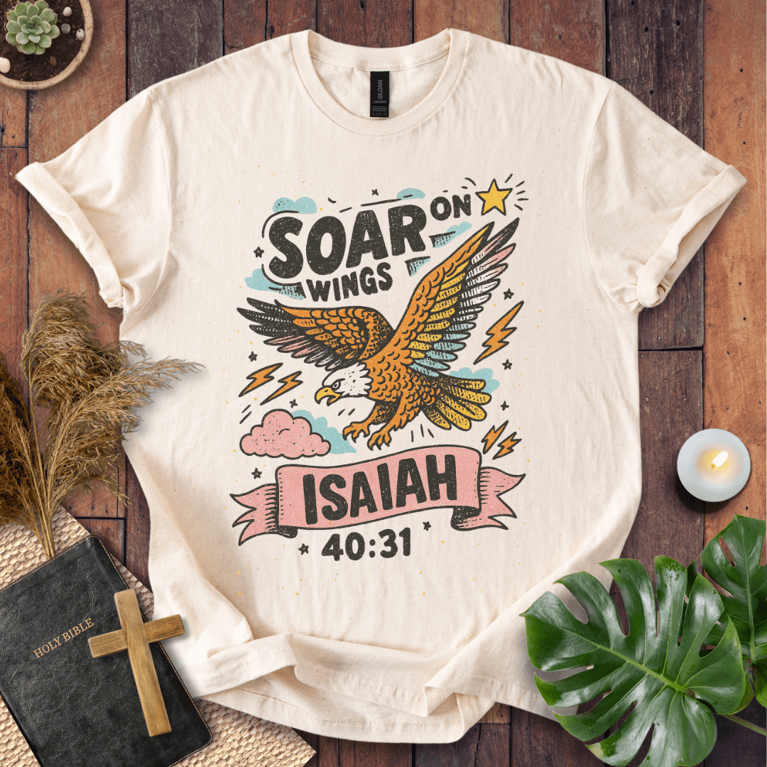 “Soar on Wings” Isaiah 40:31 Christian t-shirt with flying eagle, stars, and lightning—uplifting scripture design.