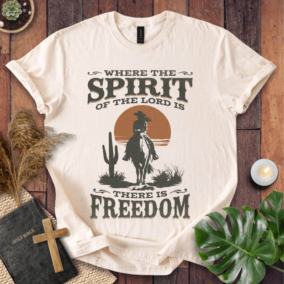 A Western tee featuring a horse rider, cactus, and sunset with the bible verse 2 Corinthians 3:17.