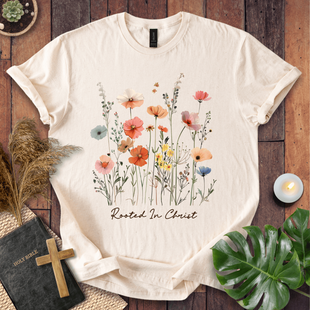 A cream-colored short-sleeve t-shirt with a watercolor floral print of poppies and the text 'Rooted In Christ' underneath, presented in a styled flat-lay on a dark wood background with a bible, cross, pampas grass, and green leaves.