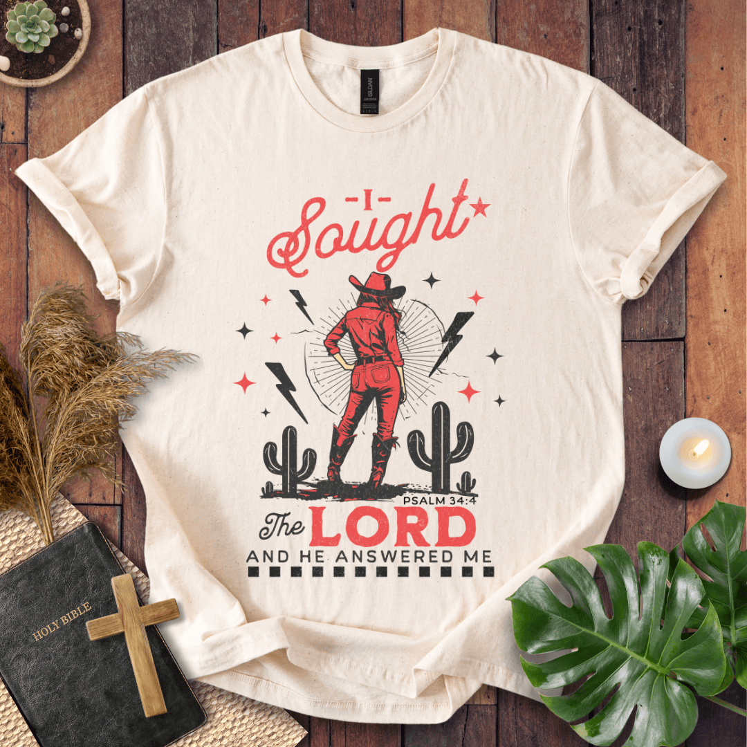 Cowgirl in red standing in a desert with cacti and lightning, text reads I Sought The Lord And He Answered Me Psalm 34:4.