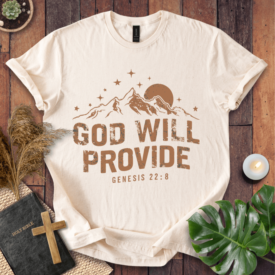 God Will Provide Genesis 22:8 bible verse shirts with mountains and stars on a western graphic tee.