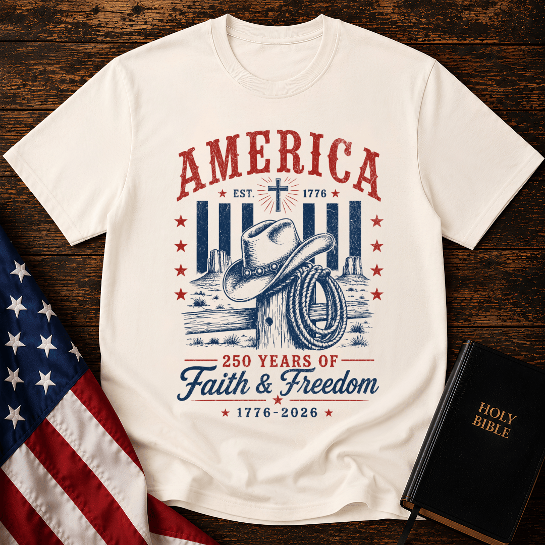 Patriotic Western graphic tee named featuring a cowboy hat, lasso, cross, and "250 Years of Faith & Freedom".