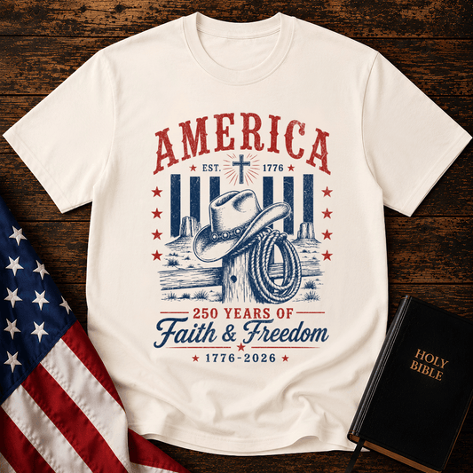 Patriotic Western graphic tee named featuring a cowboy hat, lasso, cross, and "250 Years of Faith & Freedom".