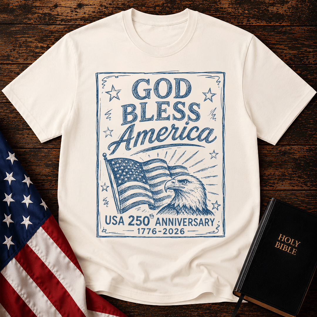 God Bless America USA 250th Anniversary t-shirt with a blue sketch of a bald eagle and American flag next to a Bible.