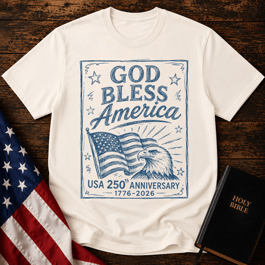 God Bless America USA 250th Anniversary t-shirt with a blue sketch of a bald eagle and American flag next to a Bible.