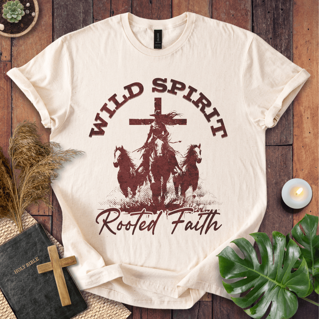 Cowgirl riding a horse in front of a cross with horses running, "Wild Spirit Rooted Faith" text on a tshirt.