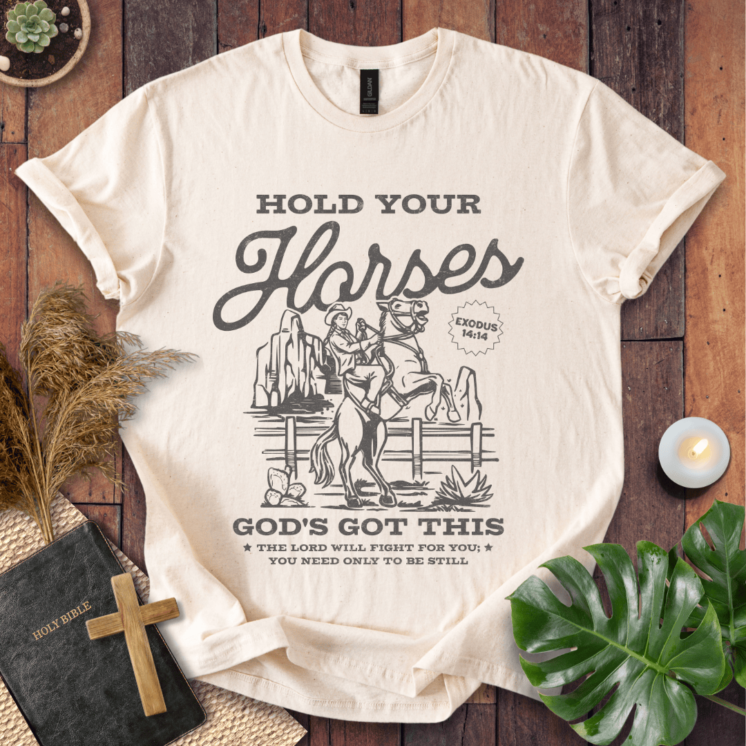 Vintage t-shirt with a cowgirl on a rearing horse and Exodus 14:14 bible verse scripture for women's western style.