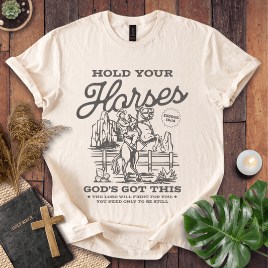 Vintage t-shirt with a cowgirl on a rearing horse and Exodus 14:14 bible verse scripture for women's western style.