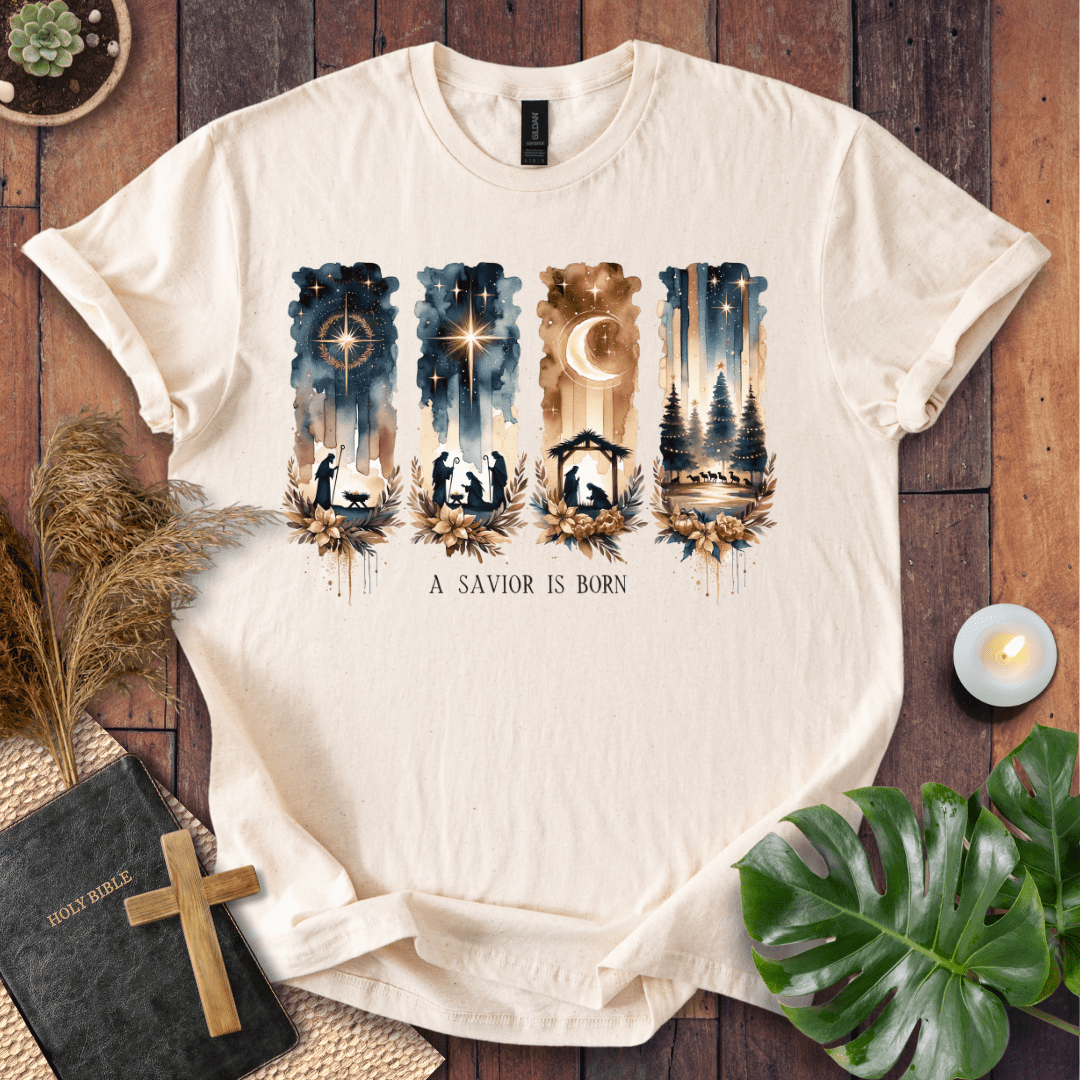 A Savior Is Born Christian Christmas t-shirt with watercolor nativity design