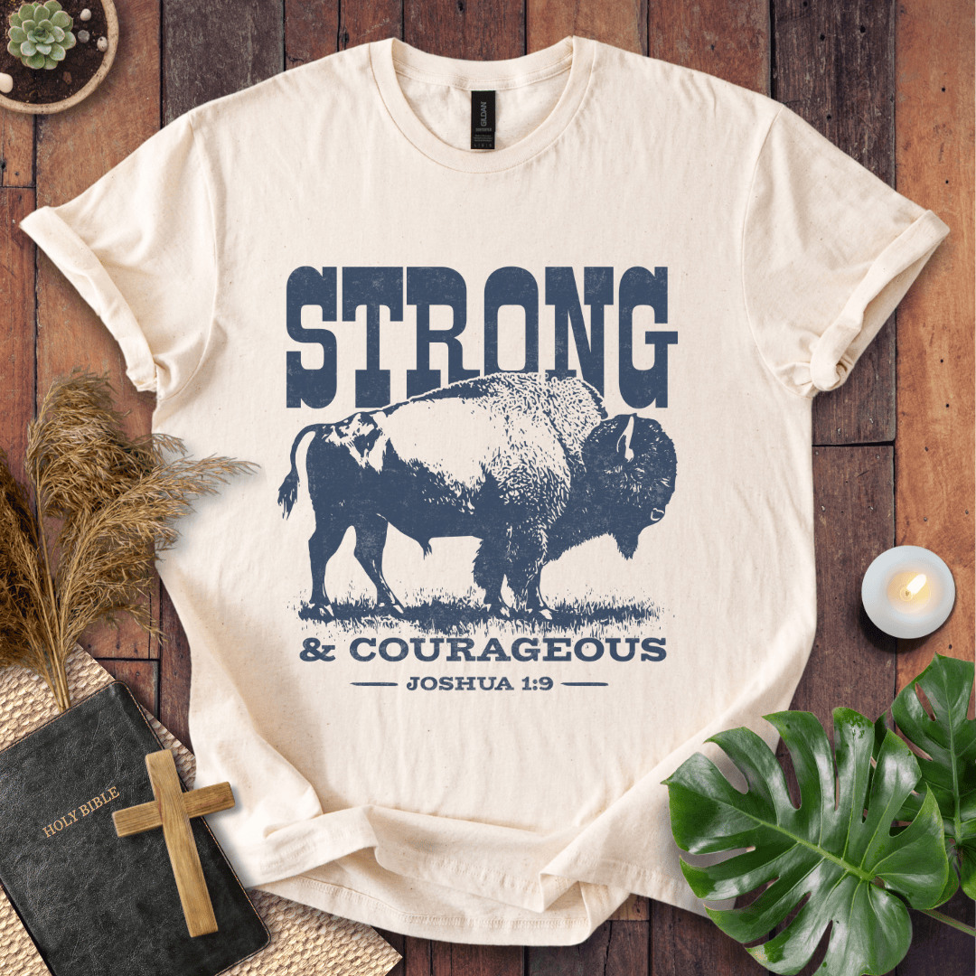 Christian t shirts featuring a vintage bison graphic and the Joshua 1:9 scripture "Strong and Courageous."