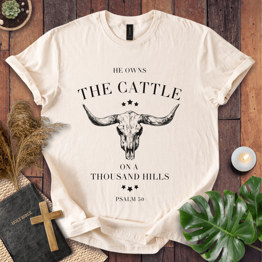 Minimalist cow skull graphic tee with Psalm 50 bible verse on shirt for women with western ranch style.