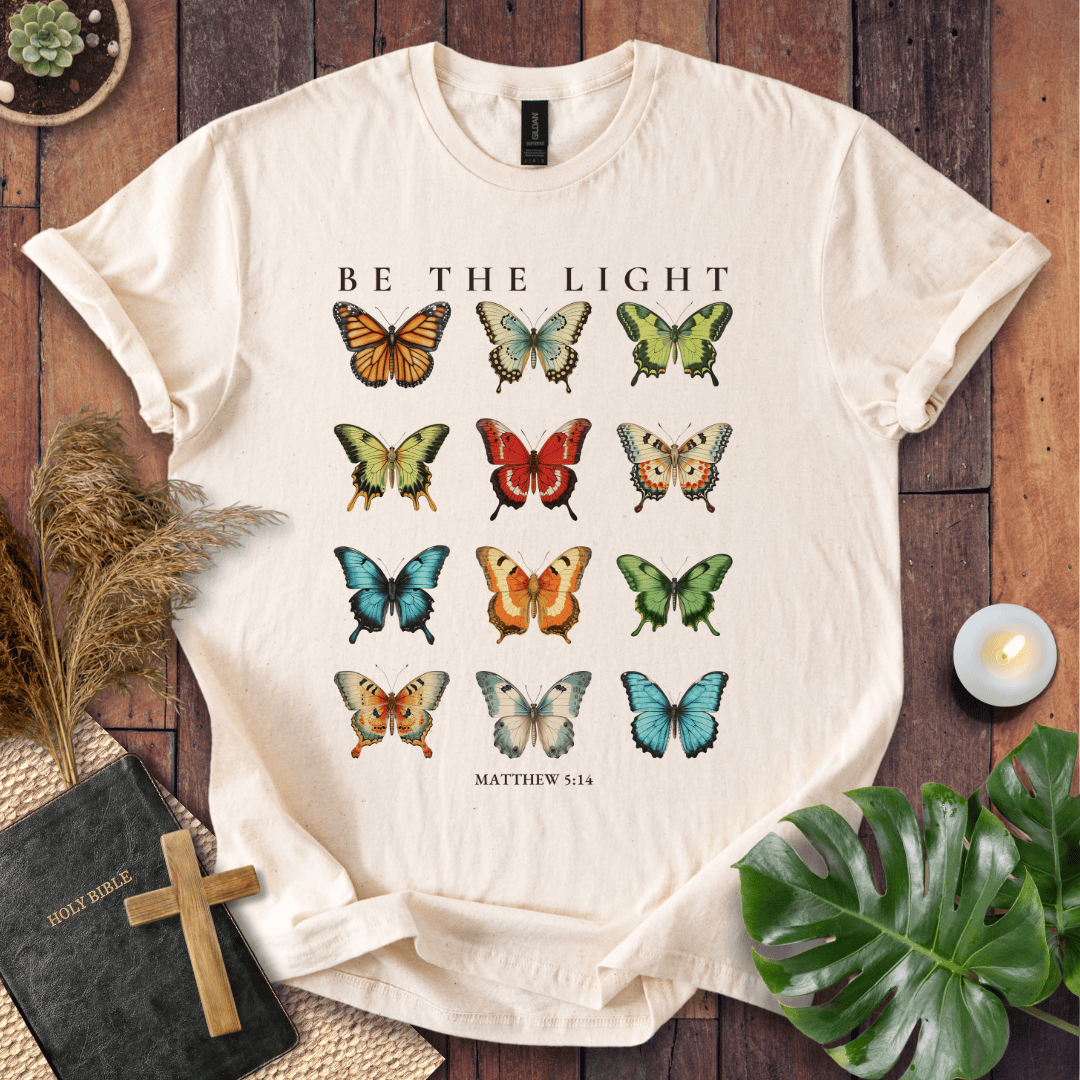 t-shirt featuring 12 vintage-style butterflies with Matthew 5:14 scripture.