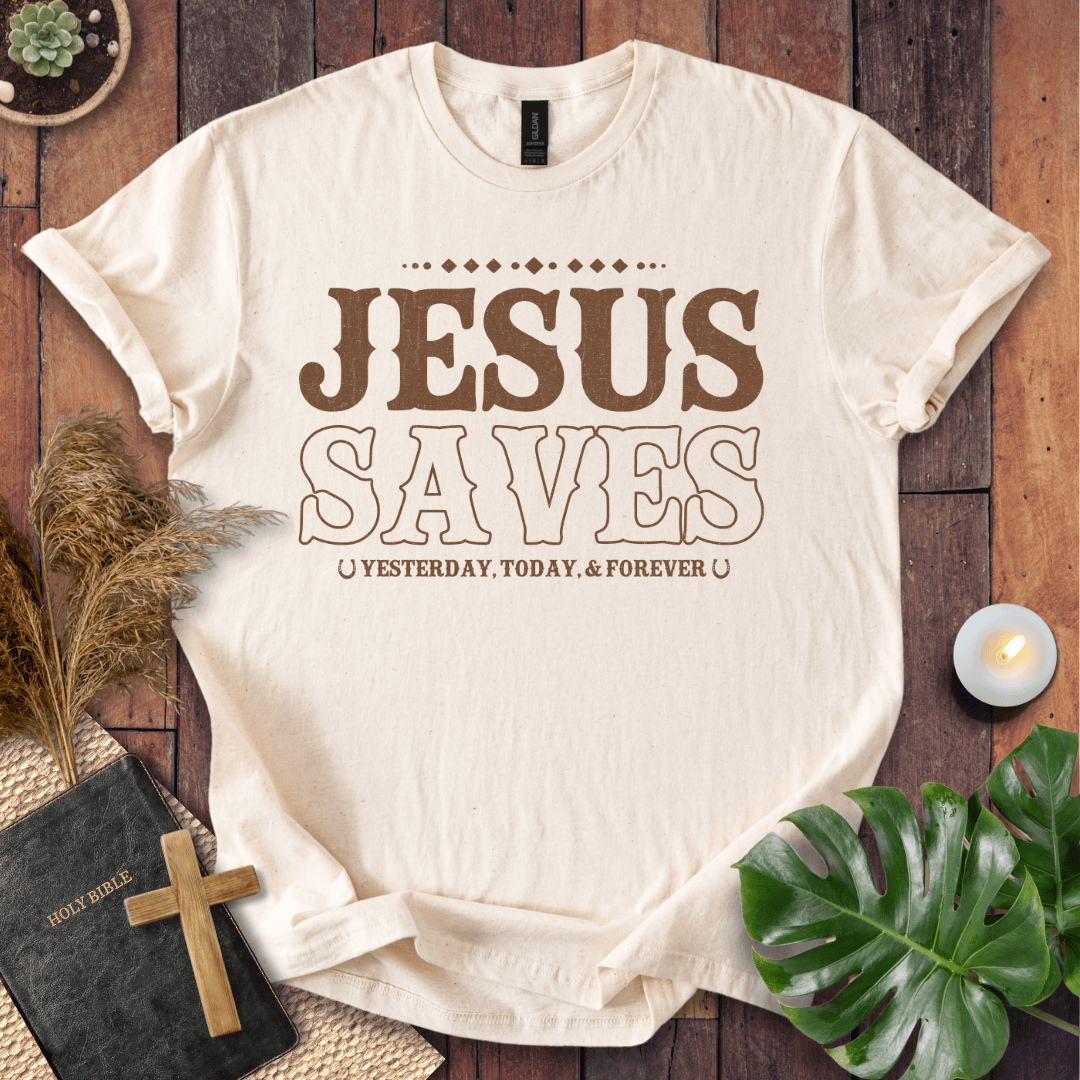 Christian t-shirt with brown vintage Western text reading Jesus Saves Yesterday Today and Forever with horseshoe icons.