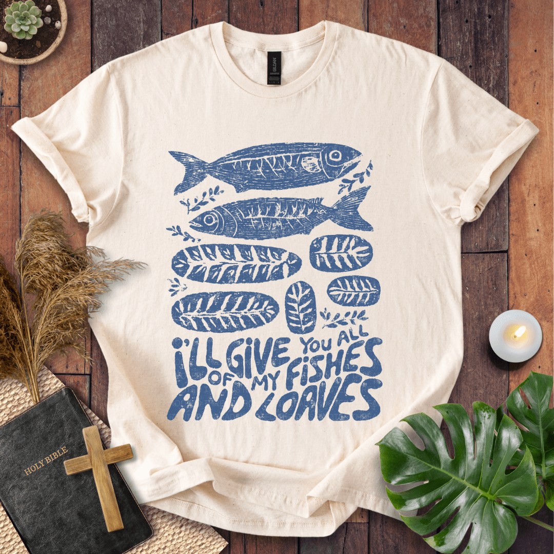 Fishes and loaves Christian t-shirt—hand-drawn fish and bread graphic, John 6.