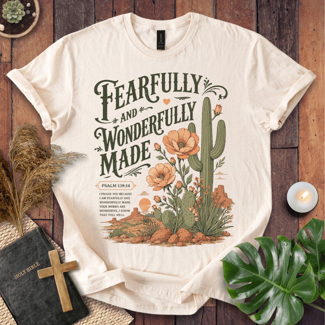 t-shirt featuring a saguaro cactus, desert flowers, and the text Fearfully and Wonderfully Made Psalm 139:14.