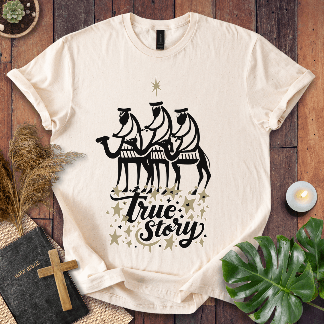 Religious Christmas tee featuring nativity scene and faith message