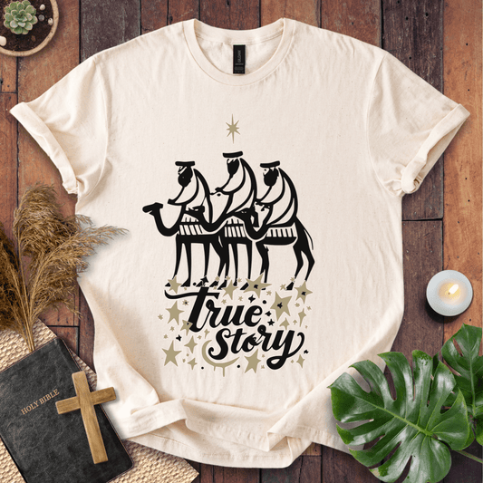 Religious Christmas tee featuring nativity scene and faith message