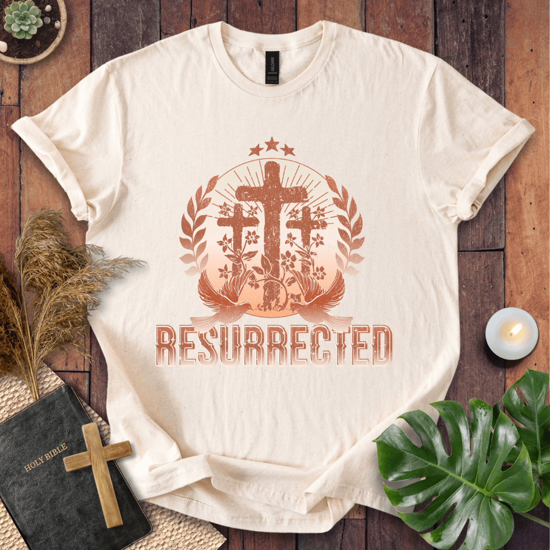 Easter t-shirt with three crosses and Resurrected text, Christian t shirts for women in vintage rust colors.