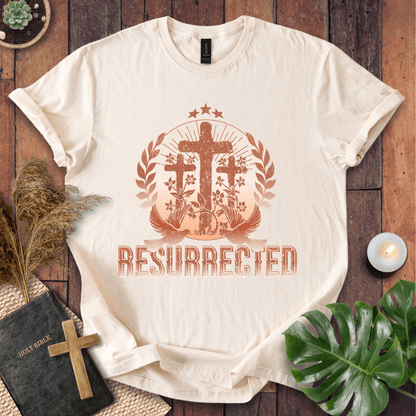 Easter t-shirt with three crosses and Resurrected text, Christian t shirts for women in vintage rust colors.