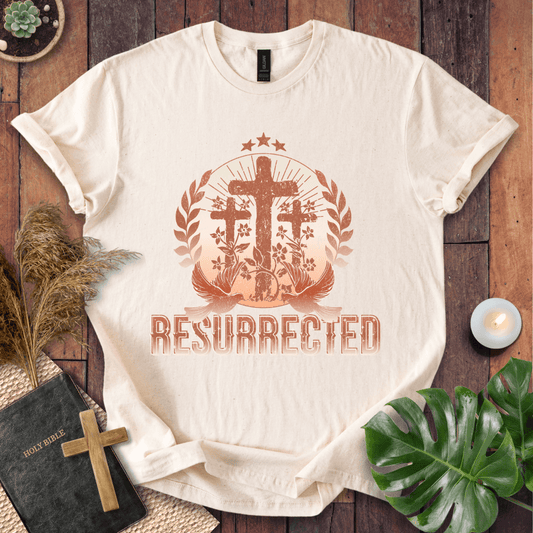 Easter t-shirt with three crosses and Resurrected text, Christian t shirts for women in vintage rust colors.