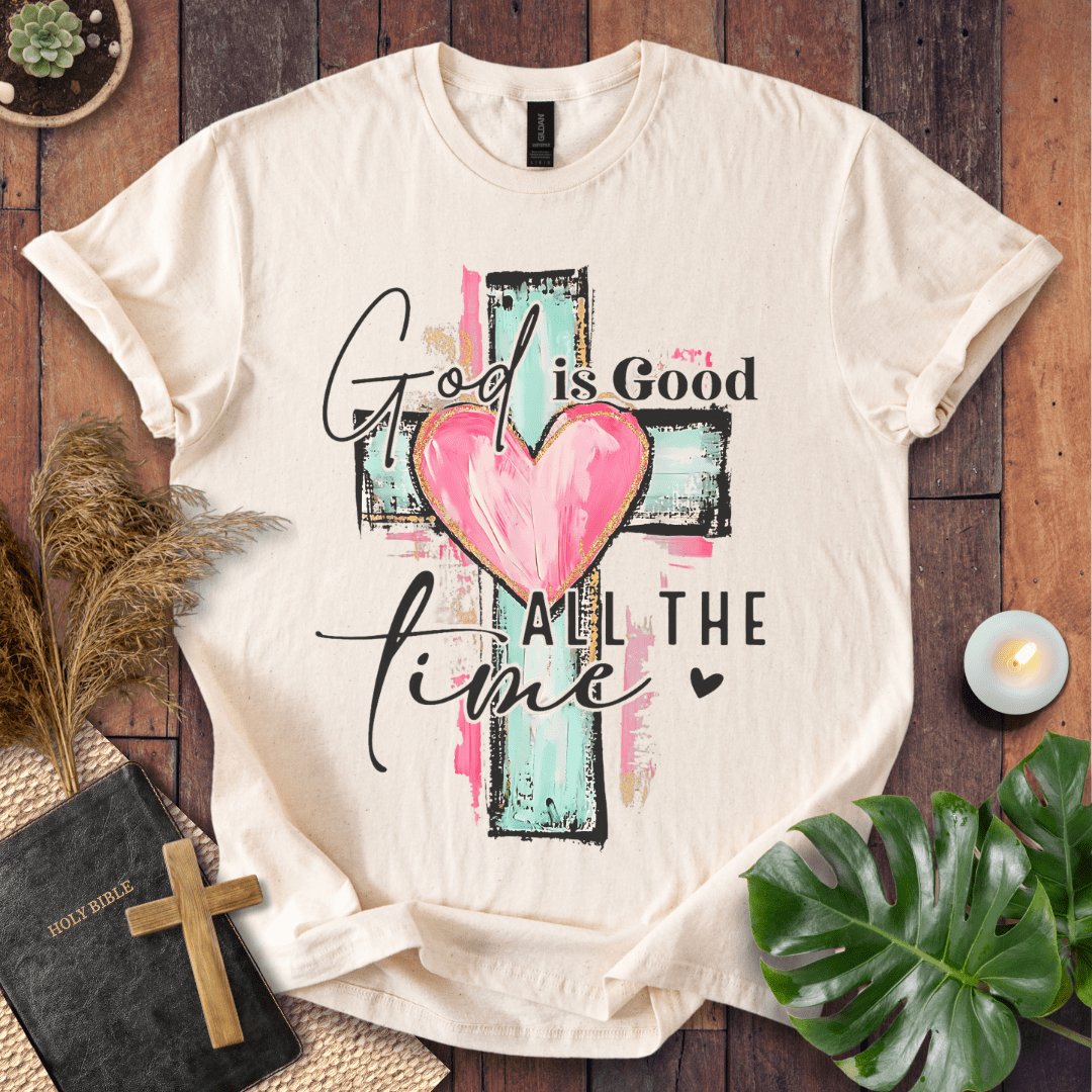 God is Good All the Time Christian t-shirt—brushstroke cross with heart and hand-lettered script.