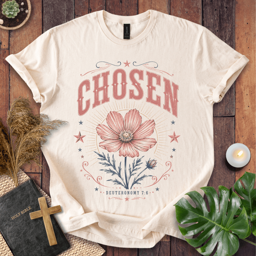 a sand-colored Christian t shirt for women featuring a vintage wildflower design and Deuteronomy 7:6.