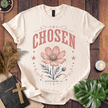 a sand-colored Christian t shirt for women featuring a vintage wildflower design and Deuteronomy 7:6.