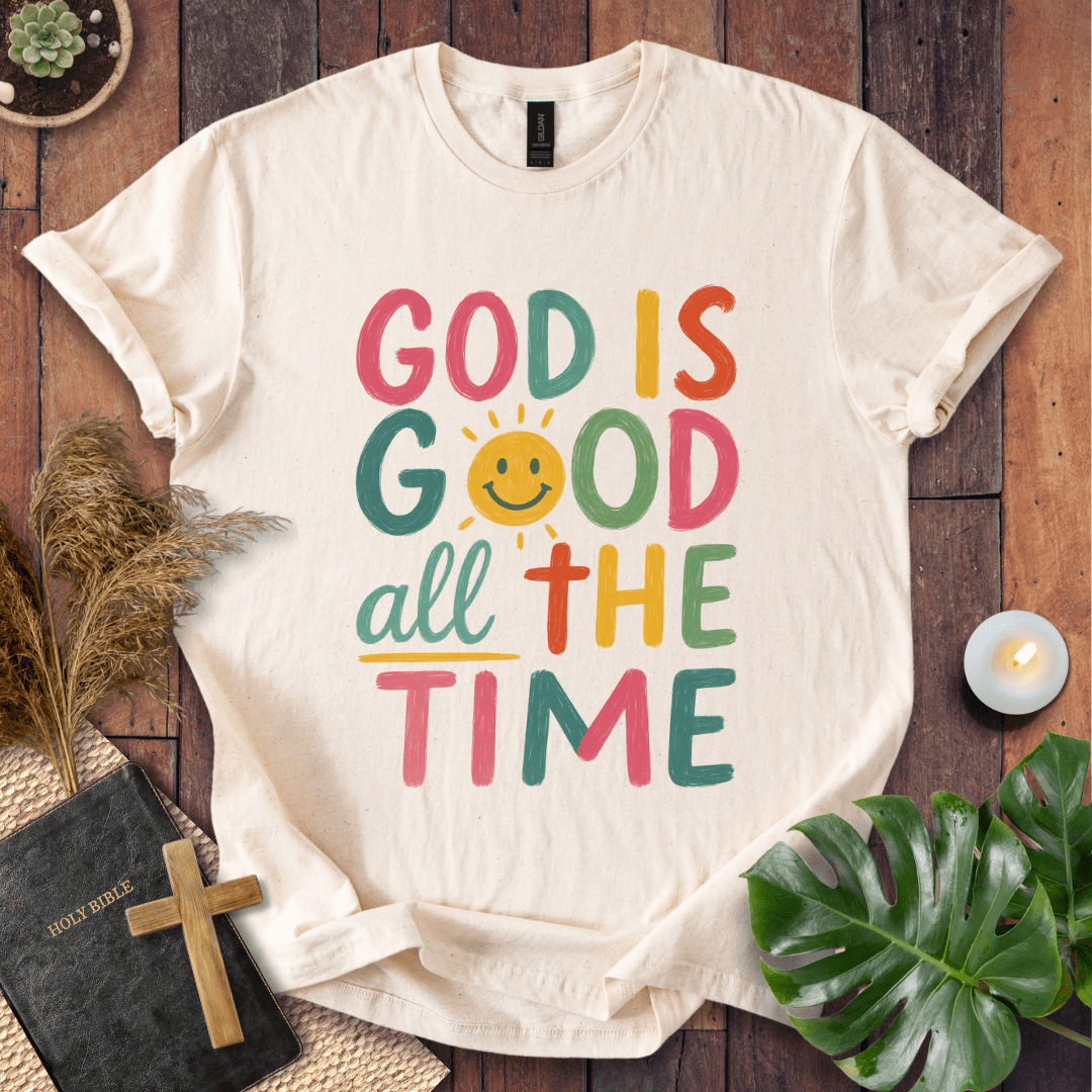 God Is Good All The Time Christian t-shirt with smiley sun and hand-lettered message; positive faith tee.