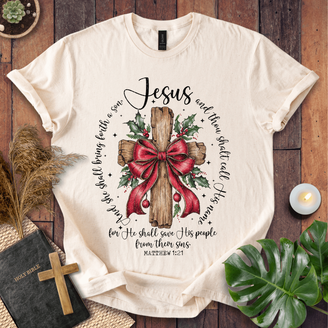 Faith Christmas shirt with Scripture Matthew 1:21 – religious holiday tee