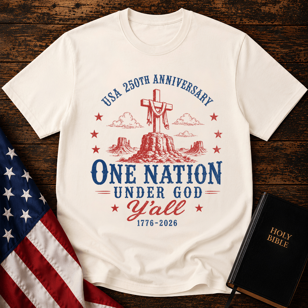 Patriotic western graphic tee featuring a wooden cross on a desert mesa with text One Nation Under God Y'all 1776-2026.